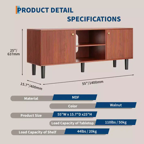 Meuble TV cannelé de 55", 2 portes, étagères réglables, meuble TV d'inspiration moderne du milieu du siècle, pour chambre à coucher, salon