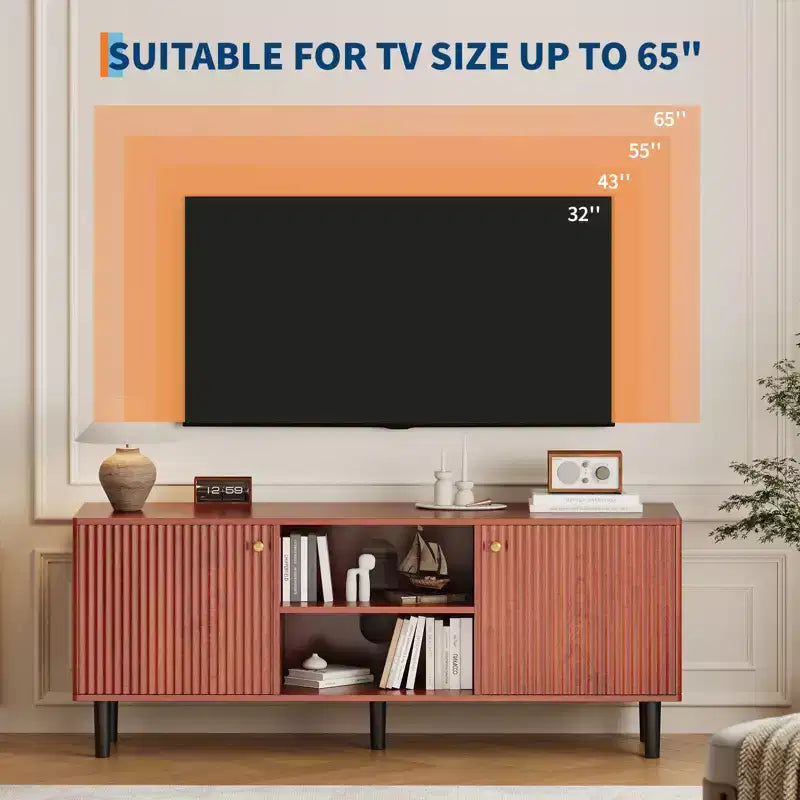 55 Fluted TV Stand, 2 Doors, Adjustable Shelves, Mid Century Modern Entertainment Center, for Bedroom, Living Room