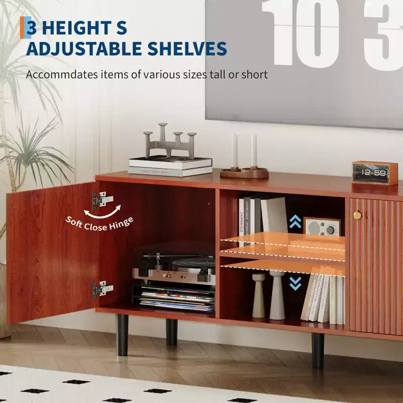 55 Fluted TV Stand, 2 Doors, Adjustable Shelves, Mid Century Modern Entertainment Center, for Bedroom, Living Room