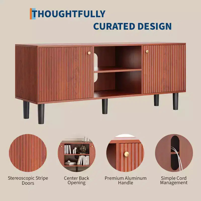 55 Fluted TV Stand, 2 Doors, Adjustable Shelves, Mid Century Modern Entertainment Center, for Bedroom, Living Room
