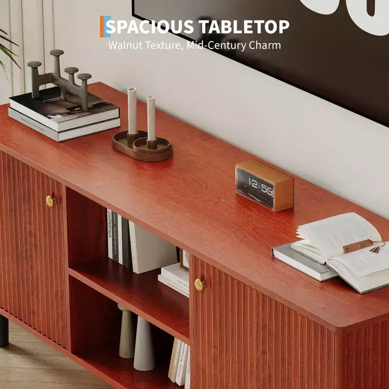 55 Fluted TV Stand, 2 Doors, Adjustable Shelves, Mid Century Modern Entertainment Center, for Bedroom, Living Room