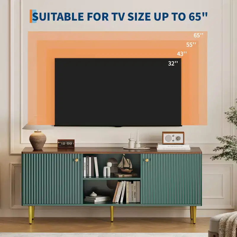 55 Fluted TV Stand, 2 Doors, Adjustable Shelves, Mid Century Modern Entertainment Center, for Bedroom, Living Room