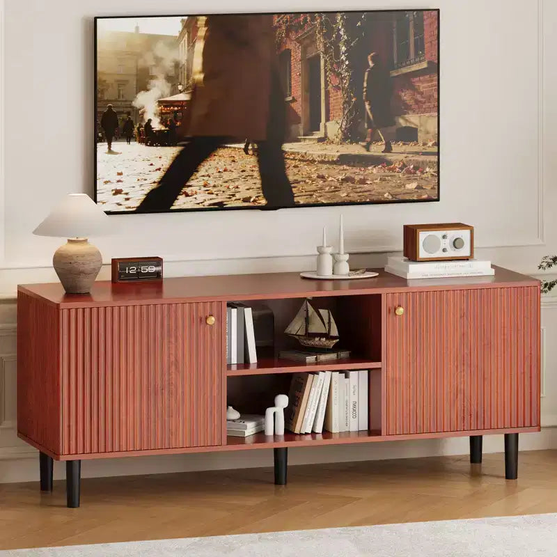 55 Fluted TV Stand, 2 Doors, Adjustable Shelves, Mid Century Modern Entertainment Center, for Bedroom, Living Room
