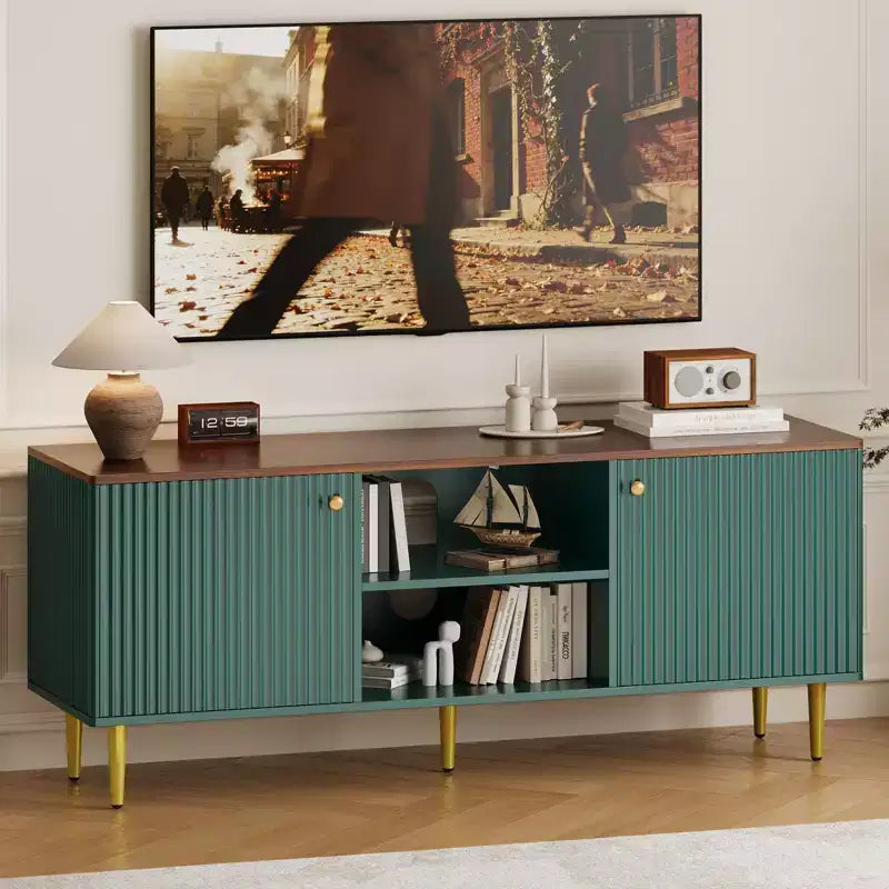 Meuble TV cannelé de 55", 2 portes, étagères réglables, meuble TV d'inspiration moderne du milieu du siècle, pour chambre à coucher, salon