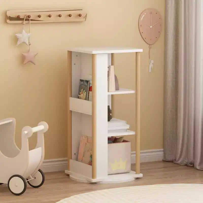 360 Rotating Kids Bookshelf with Chalkboard, 3-Tier Wooden Revolving Bookcase and Toy Storage Organizer for Nursery & Playroom