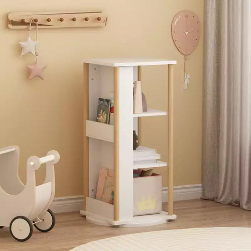 360 Rotating Kids Bookshelf with Chalkboard, 3-Tier Wooden Revolving Bookcase and Toy Storage Organizer for Nursery & Playroom