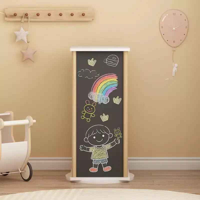 360 Rotating Kids Bookshelf with Chalkboard, 3-Tier Wooden Revolving Bookcase and Toy Storage Organizer for Nursery & Playroom