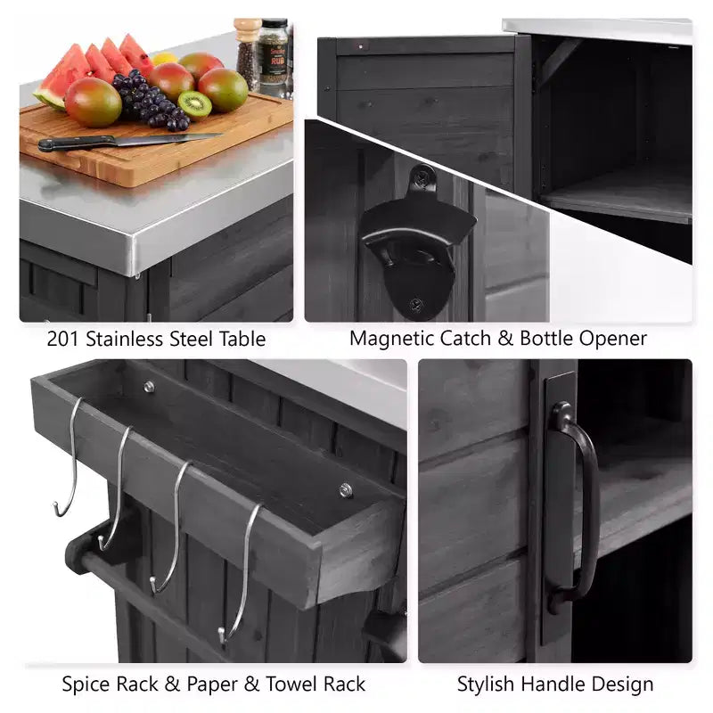FAMYYT 78.3-Inch Outdoor Kitchen Island with Stainless Steel Countertop, Foldable BBQ Station, and Storage Cabinets, Black