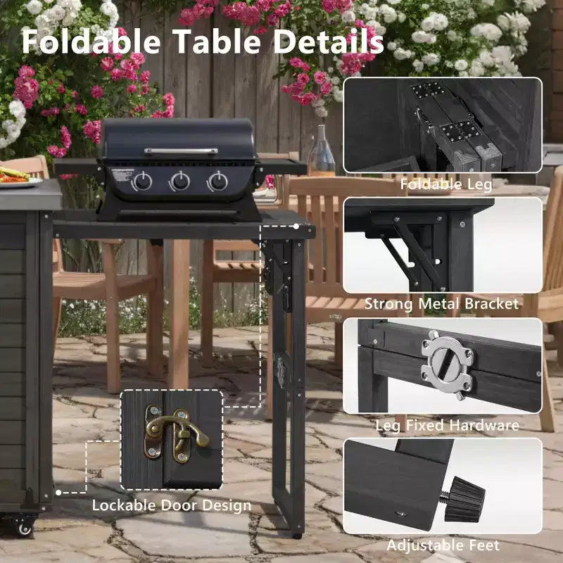 FAMYYT 78.3-Inch Outdoor Kitchen Island with Stainless Steel Countertop, Foldable BBQ Station, and Storage Cabinets, Black