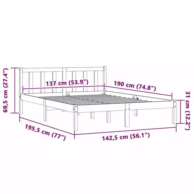 vidaXL Bed Frame Natural 53.94 x 74.80 in Solid Pine Wood