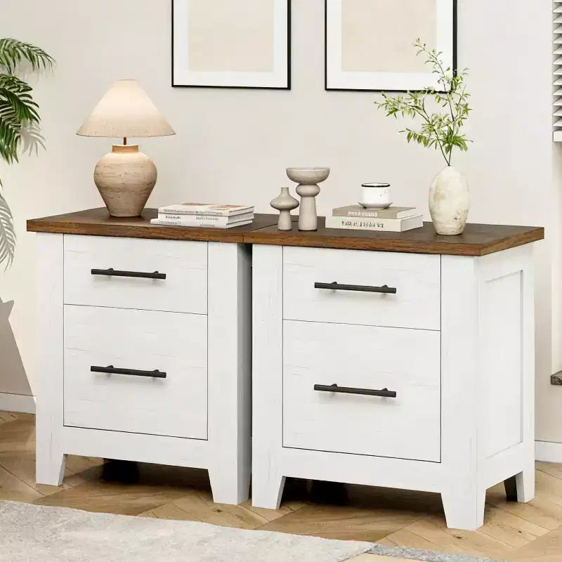 Garvee Nightstand With 2 Drawers, Farmhouse Night Stand With Brown Tabletop, Distressed White , Supports 170 LBS