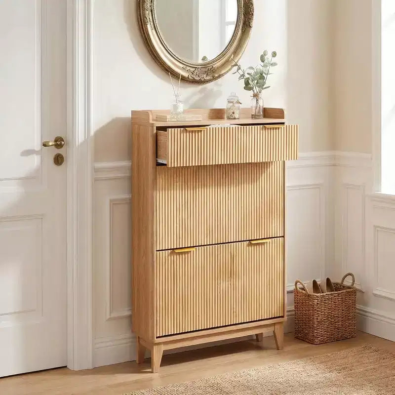 Narrow Fluted Shoe Cabinet, Modern Small Double Door Shoe Storage Organizer, Adjustable Shelves, for Home, Entryway