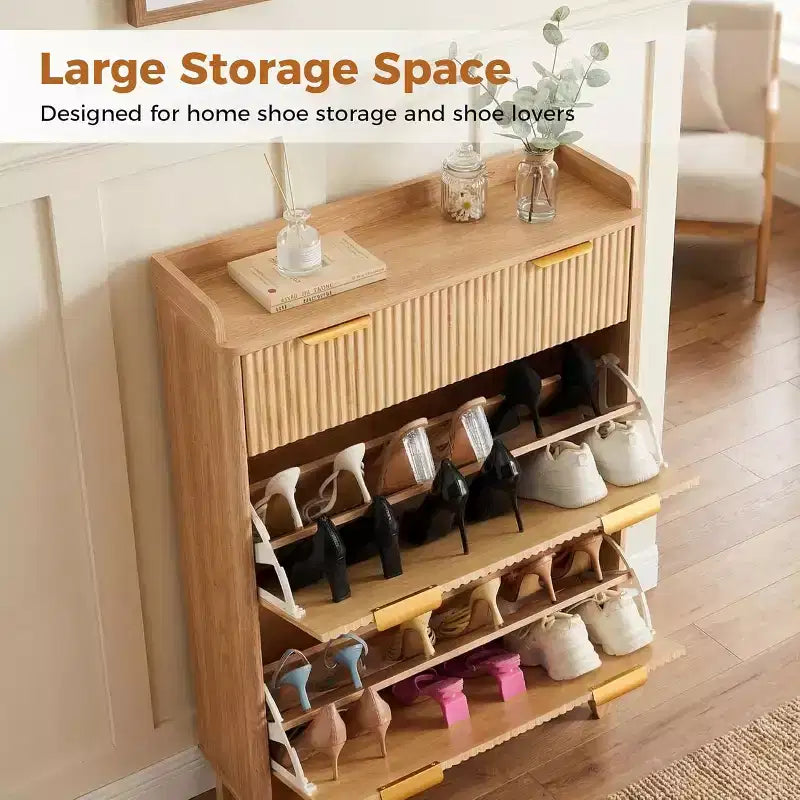 Narrow Fluted Shoe Cabinet, Modern Small Double Door Shoe Storage Organizer, Adjustable Shelves, for Home, Entryway