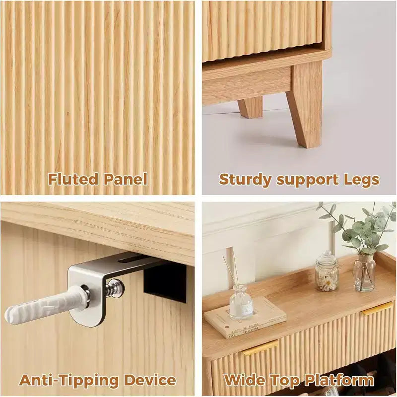 Narrow Fluted Shoe Cabinet, Modern Small Double Door Shoe Storage Organizer, Adjustable Shelves, for Home, Entryway