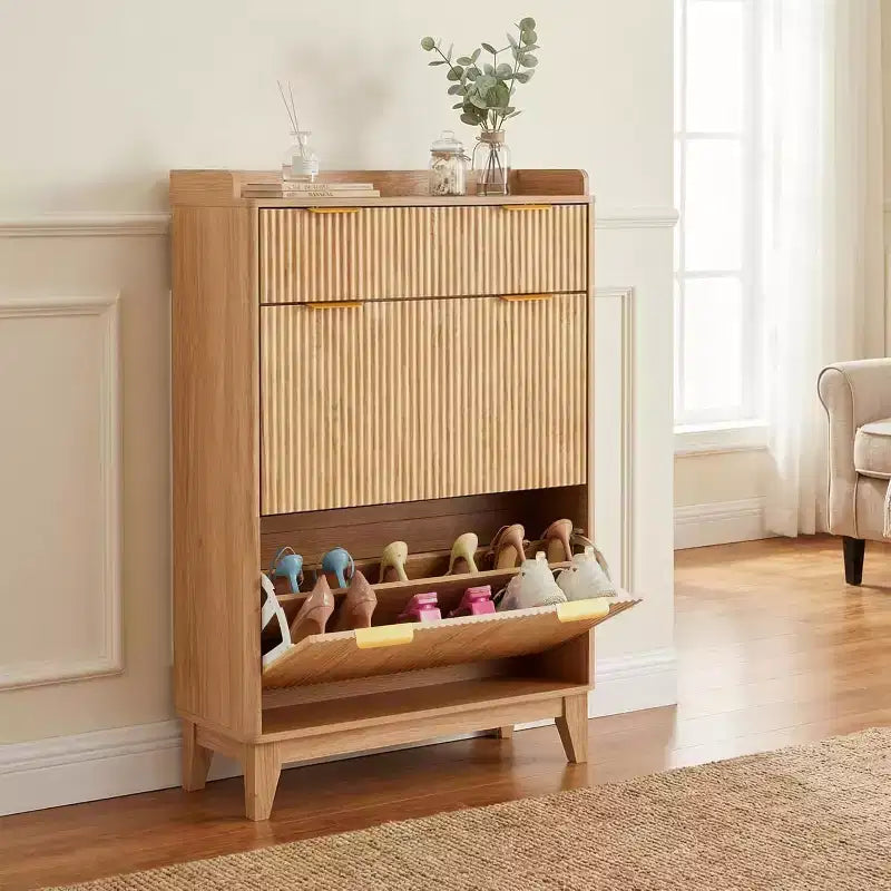 Narrow Fluted Shoe Cabinet, Modern Small Double Door Shoe Storage Organizer, Adjustable Shelves, for Home, Entryway