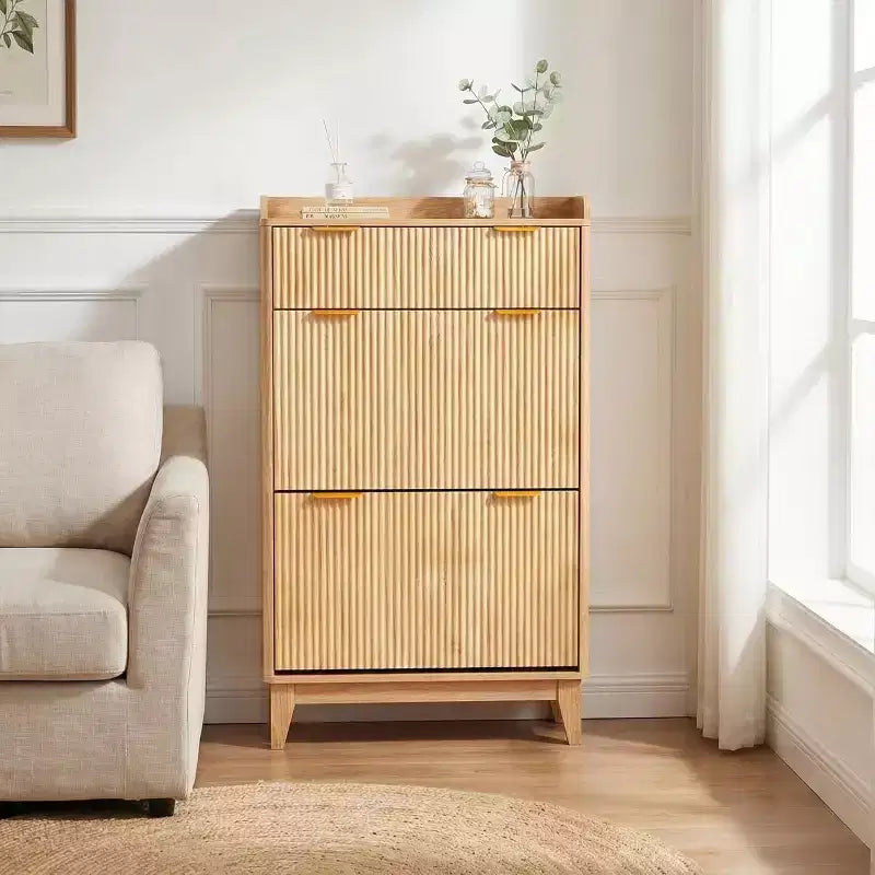 Narrow Fluted Shoe Cabinet, Modern Small Double Door Shoe Storage Organizer, Adjustable Shelves, for Home, Entryway