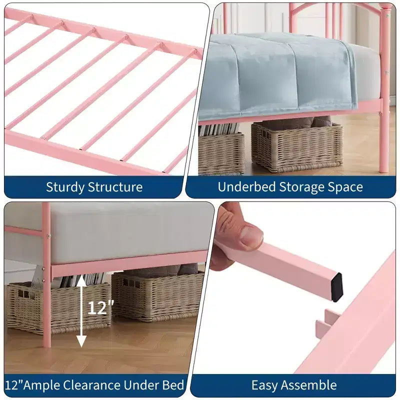 Twin Daybed Sofa Bed with Steel Slat Support, Underbed Storage & Arched Headboard, Pink Metal Frame, for Bedroom/Living Room, Guest Bed