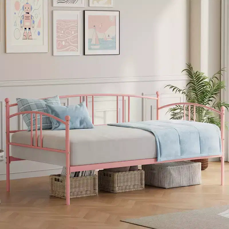 Twin Daybed Sofa Bed with Steel Slat Support, Underbed Storage & Arched Headboard, Pink Metal Frame, for Bedroom/Living Room, Guest Bed