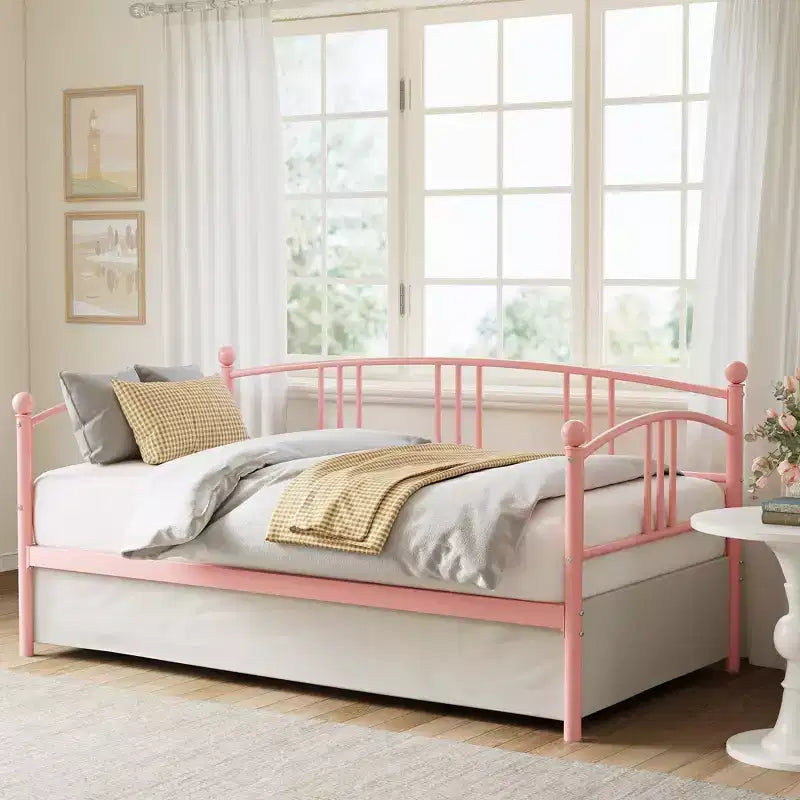 Twin Daybed Sofa Bed with Steel Slat Support, Underbed Storage & Arched Headboard, Pink Metal Frame, for Bedroom/Living Room, Guest Bed
