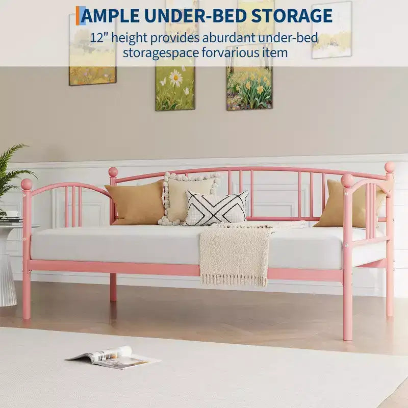 Twin Daybed Sofa Bed with Steel Slat Support, Underbed Storage & Arched Headboard, Pink Metal Frame, for Bedroom/Living Room, Guest Bed