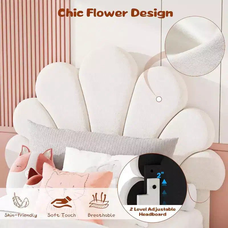 Chic Petal Bed Frame, Cute Velvet Princess Platform Bed with Adjustable Upholstered Headboard, Wood Slats Support, No Box Spring Needed,Easy Assembly