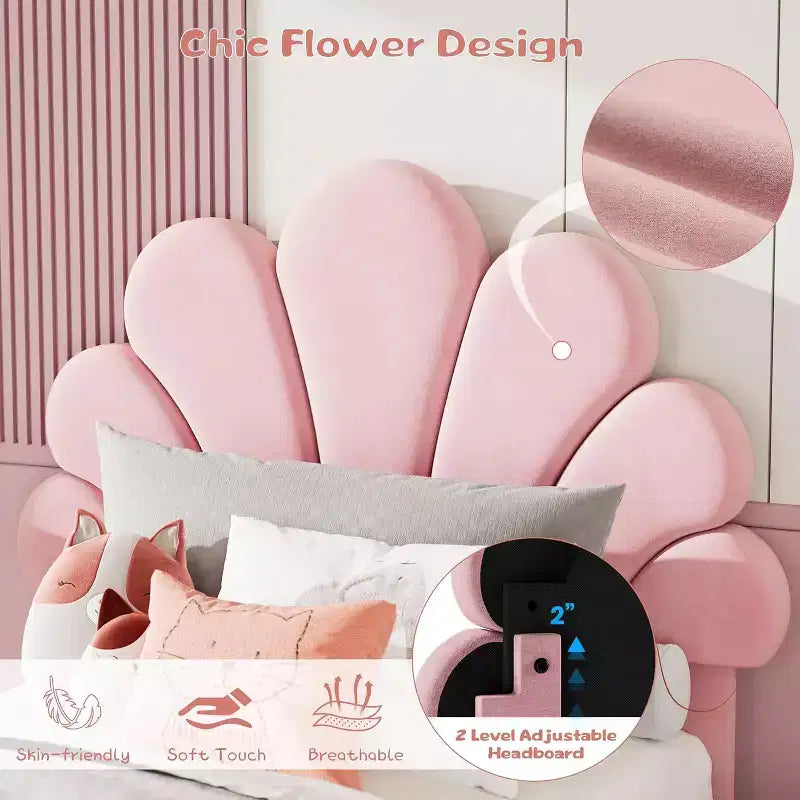 Chic Petal Bed Frame, Cute Velvet Princess Platform Bed with Adjustable Upholstered Headboard, Wood Slats Support, No Box Spring Needed,Easy Assembly