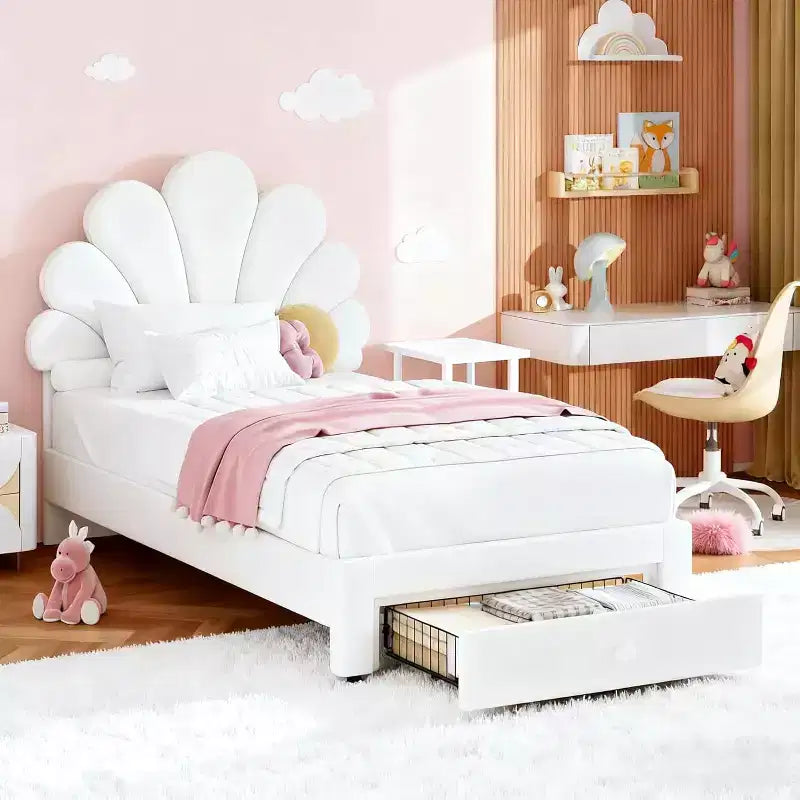 Chic Petal Bed Frame, Cute Velvet Princess Platform Bed with Adjustable Upholstered Headboard, Wood Slats Support, No Box Spring Needed,Easy Assembly