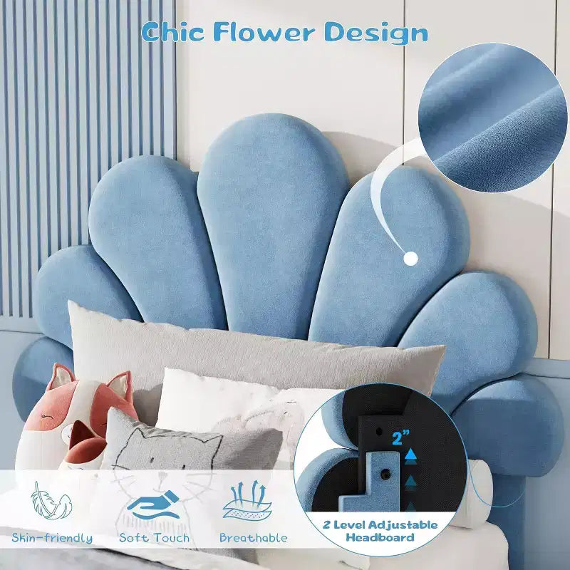 Chic Petal Bed Frame, Cute Velvet Princess Platform Bed with Adjustable Upholstered Headboard, Wood Slats Support, No Box Spring Needed,Easy Assembly
