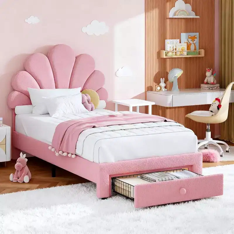 Chic Petal Bed Frame, Cute Velvet Princess Platform Bed with Adjustable Upholstered Headboard, Wood Slats Support, No Box Spring Needed,Easy Assembly