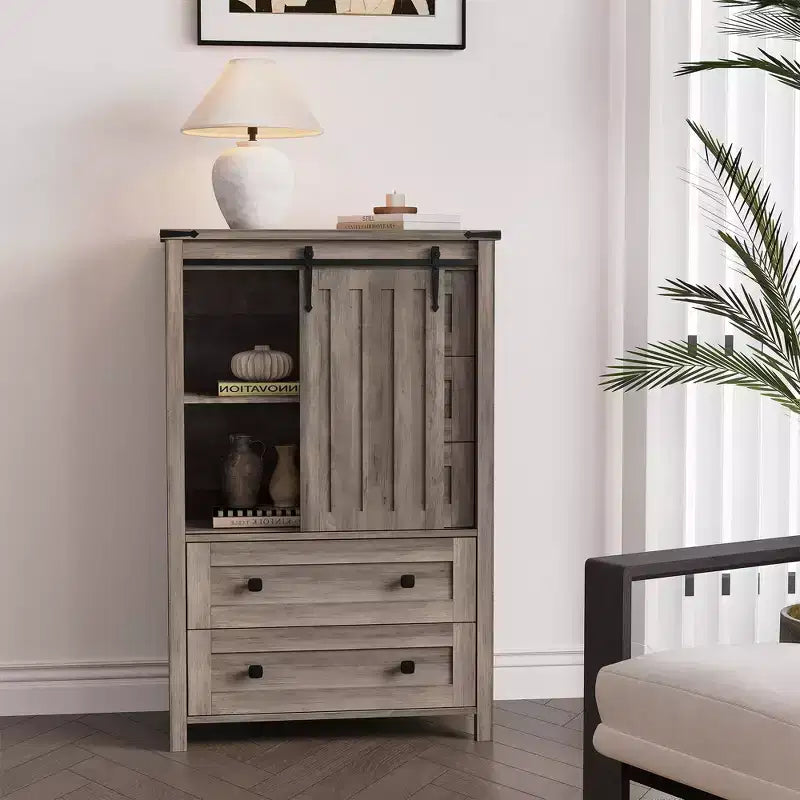 Farmhouse Chest of Drawer, Sliding Barn Door, Adjustable Shelf, Wood Storage Organizer, for Bedroom, Living Room