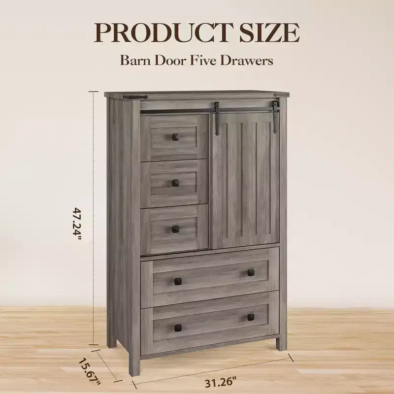 Farmhouse Chest of Drawer, Sliding Barn Door, Adjustable Shelf, Wood Storage Organizer, for Bedroom, Living Room