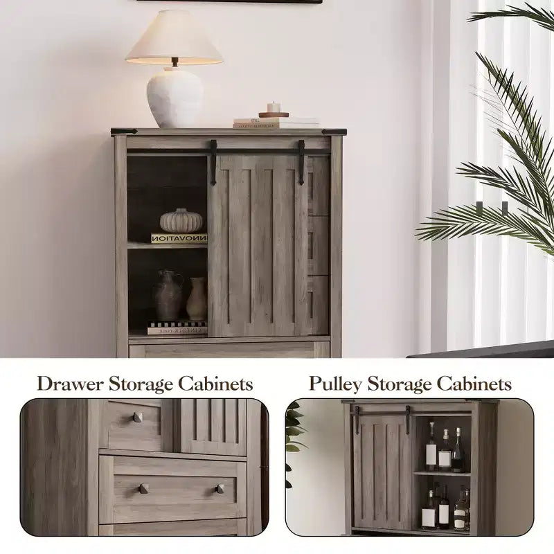 Farmhouse Chest of Drawer, Sliding Barn Door, Adjustable Shelf, Wood Storage Organizer, for Bedroom, Living Room