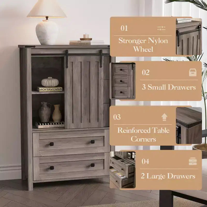 Farmhouse Chest of Drawer, Sliding Barn Door, Adjustable Shelf, Wood Storage Organizer, for Bedroom, Living Room