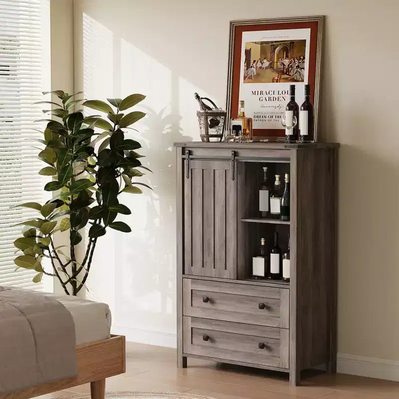 Farmhouse Chest of Drawer, Sliding Barn Door, Adjustable Shelf, Wood Storage Organizer, for Bedroom, Living Room