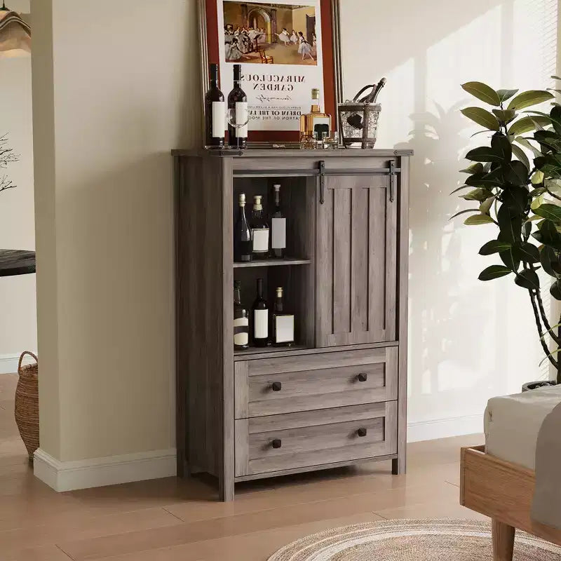 Farmhouse Chest of Drawer, Sliding Barn Door, Adjustable Shelf, Wood Storage Organizer, for Bedroom, Living Room