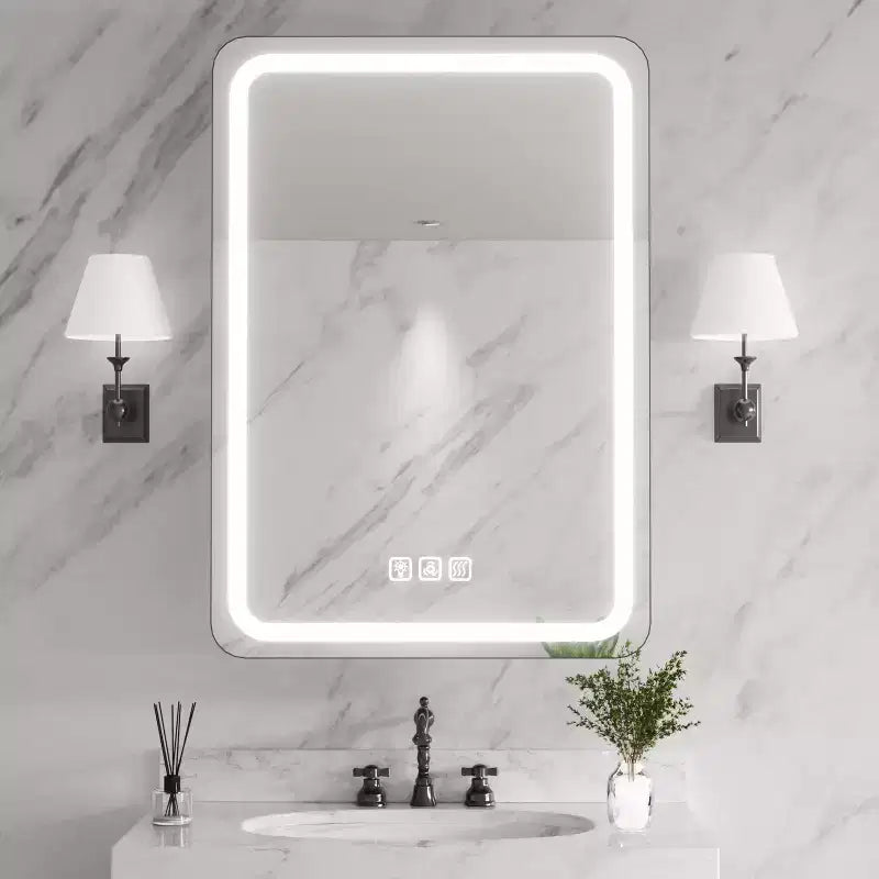 FAMYYT 20 in. W x 28 in. H Rectangular Iron Medicine Cabinet with Mirror, Dimmable LED Light, Anti-Fog and Outlets - Fully Assembled