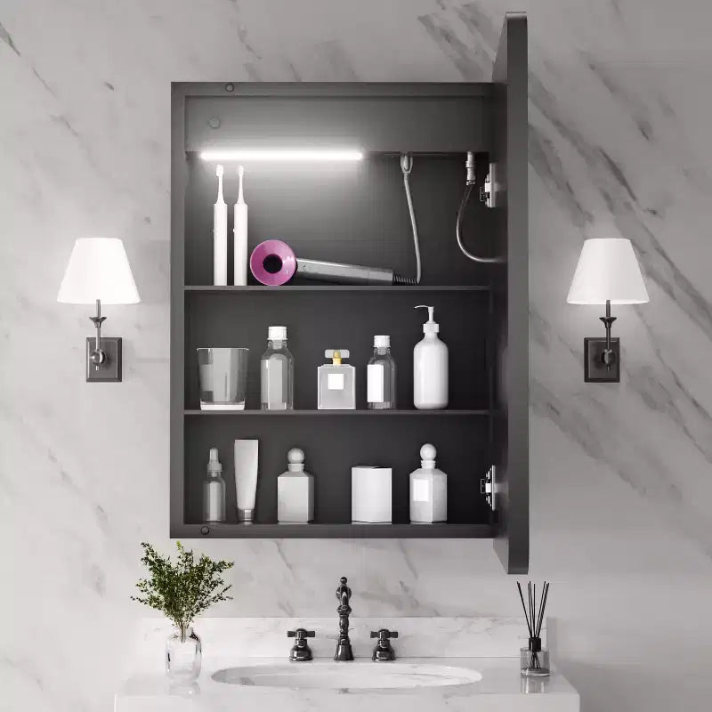FAMYYT 20 in. W x 28 in. H Rectangular Iron Medicine Cabinet with Mirror, Dimmable LED Light, Anti-Fog and Outlets - Fully Assembled