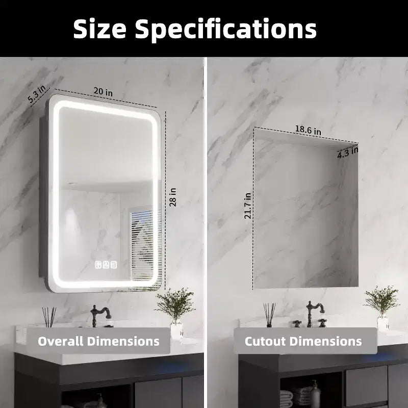 FAMYYT 20 in. W x 28 in. H Rectangular Iron Medicine Cabinet with Mirror, Dimmable LED Light, Anti-Fog and Outlets - Fully Assembled