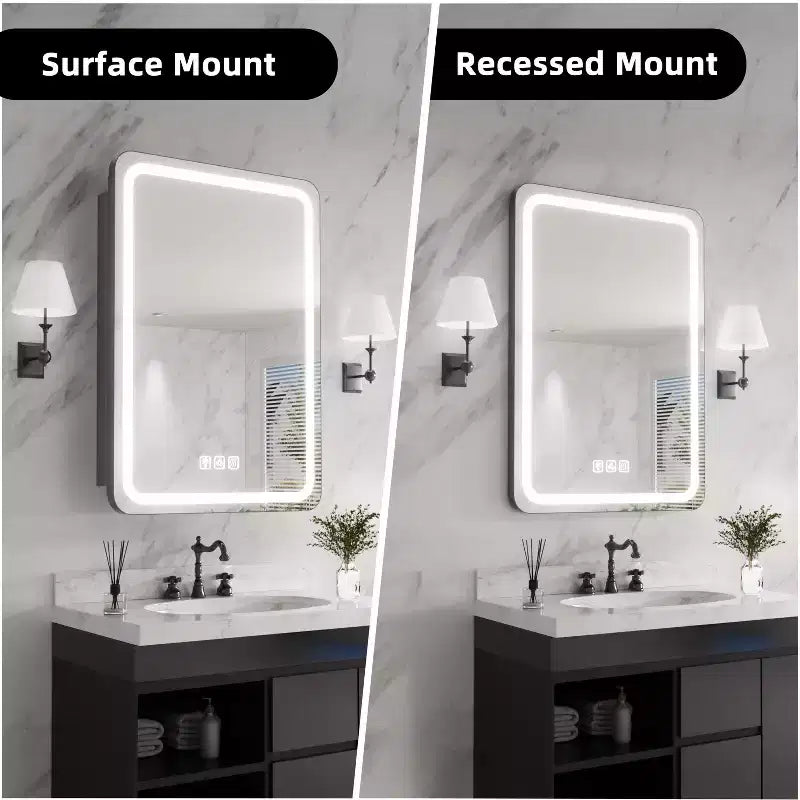 FAMYYT 20 in. W x 28 in. H Rectangular Iron Medicine Cabinet with Mirror, Dimmable LED Light, Anti-Fog and Outlets - Fully Assembled