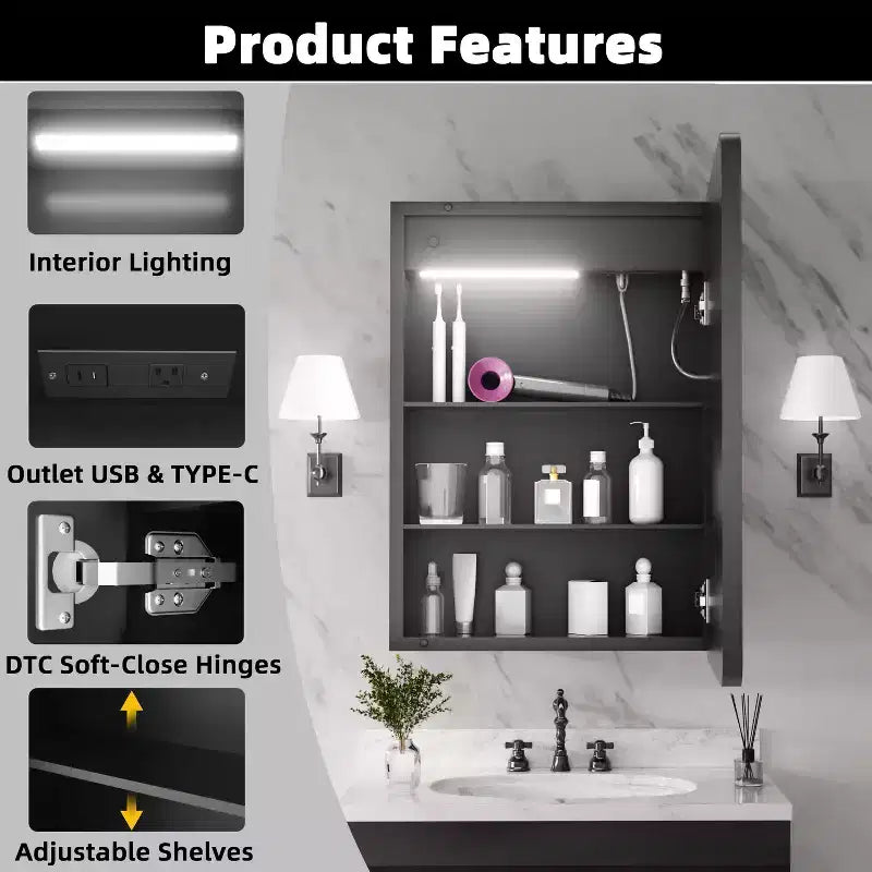 FAMYYT 20 in. W x 28 in. H Rectangular Iron Medicine Cabinet with Mirror, Dimmable LED Light, Anti-Fog and Outlets - Fully Assembled