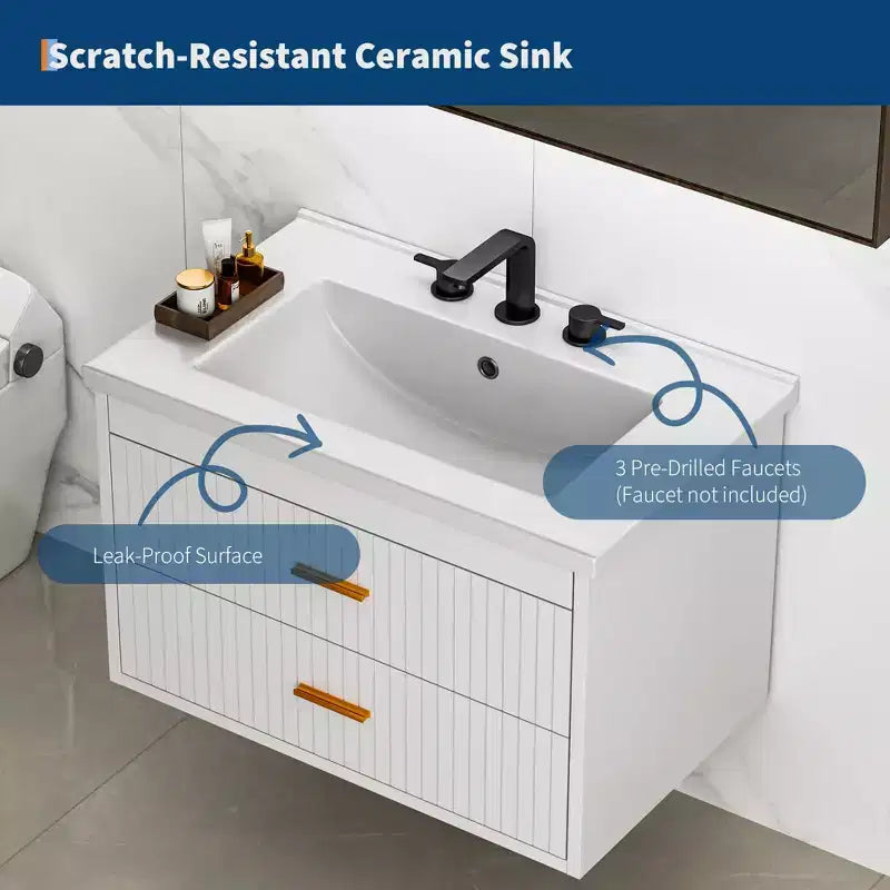 Floating Bathroom Vanity with Sink - Modern Wall Mounted Vanity with Ceramic Sink, 2 Large Drawers, Waterproof & Easy Clean