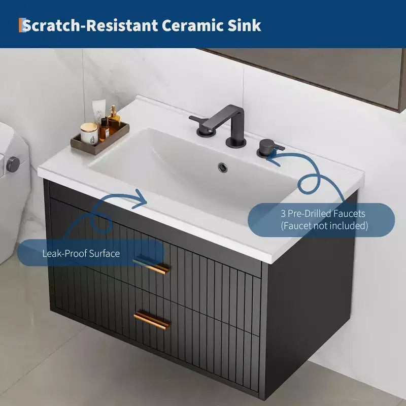 Floating Bathroom Vanity with Sink - Modern Wall Mounted Vanity with Ceramic Sink, 2 Large Drawers, Waterproof & Easy Clean