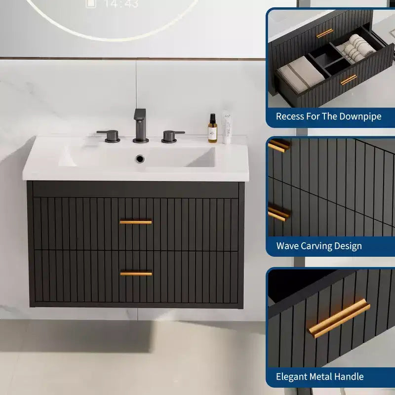 Floating Bathroom Vanity with Sink - Modern Wall Mounted Vanity with Ceramic Sink, 2 Large Drawers, Waterproof & Easy Clean