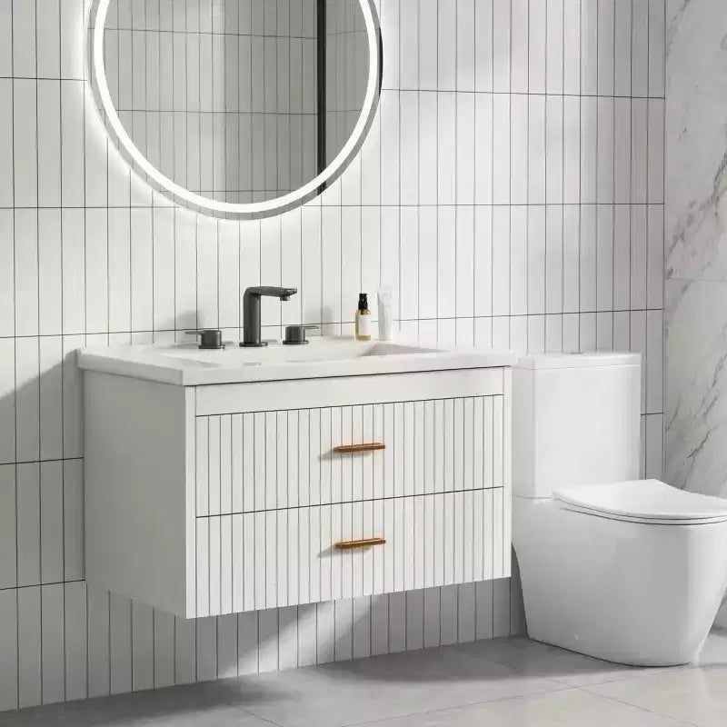 Meuble-lavabo suspendu - Meuble de salle de bain mural moderne avec vasque en céramique, 2 grands tiroirs, étanche et facile à nettoyer