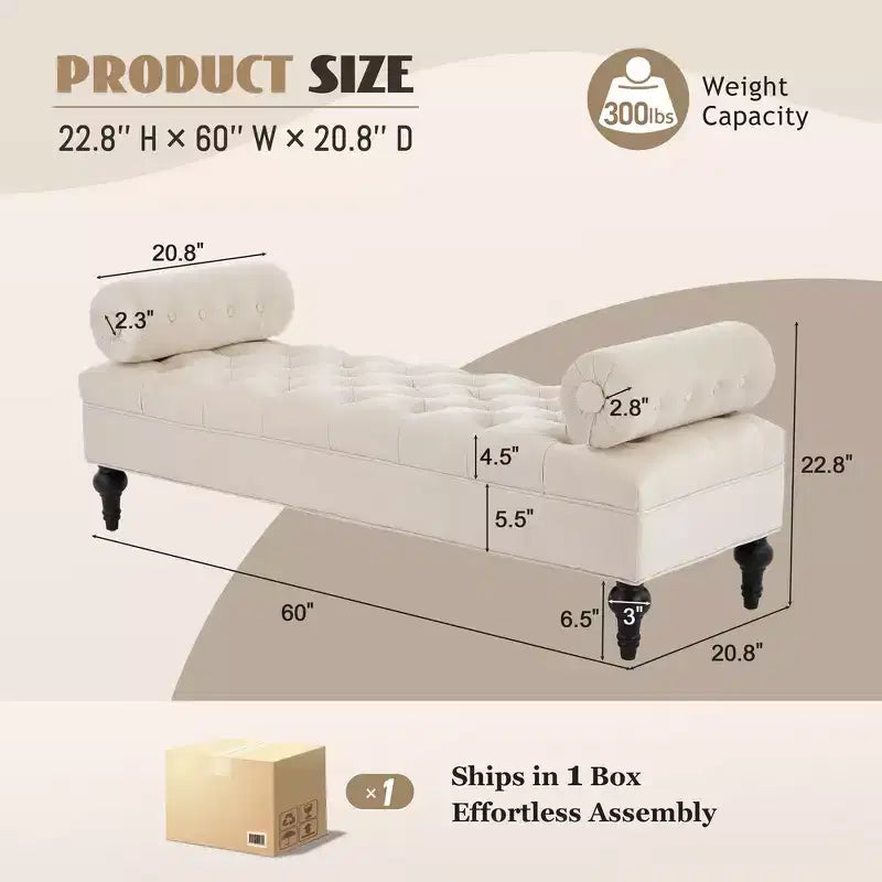 Whisen End of Bed Bench, Velvet Upholstered Tufted Bench Bedroom Bench Ottoman Footstool, Entryway Closet Bench with 2 Detachable Pillows