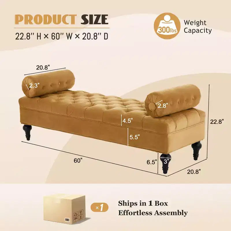 Whisen End of Bed Bench, Velvet Upholstered Tufted Bench Bedroom Bench Ottoman Footstool, Entryway Closet Bench with 2 Detachable Pillows