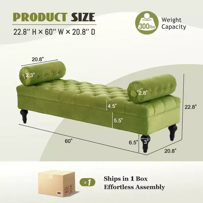Whisen End of Bed Bench, Velvet Upholstered Tufted Bench Bedroom Bench Ottoman Footstool, Entryway Closet Bench with 2 Detachable Pillows