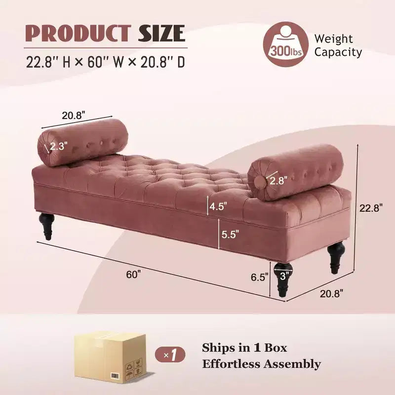 Whisen End of Bed Bench, Velvet Upholstered Tufted Bench Bedroom Bench Ottoman Footstool, Entryway Closet Bench with 2 Detachable Pillows
