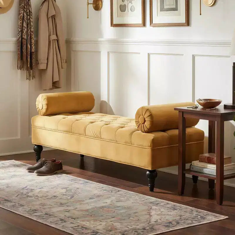 Whisen End of Bed Bench, Velvet Upholstered Tufted Bench Bedroom Bench Ottoman Footstool, Entryway Closet Bench with 2 Detachable Pillows