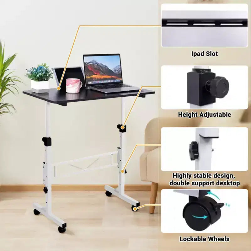 Mobile Standing Desk - Adjustable Height, Rolling Laptop Table with Wheels, Portable Workstation, Home Office Overbed Training Room